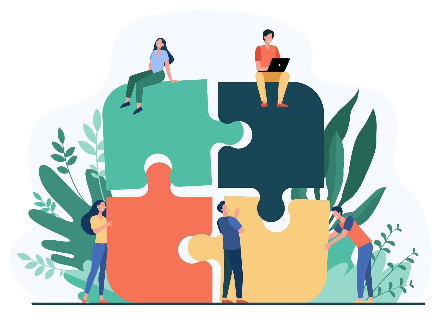 Business team putting together jigsaw puzzle